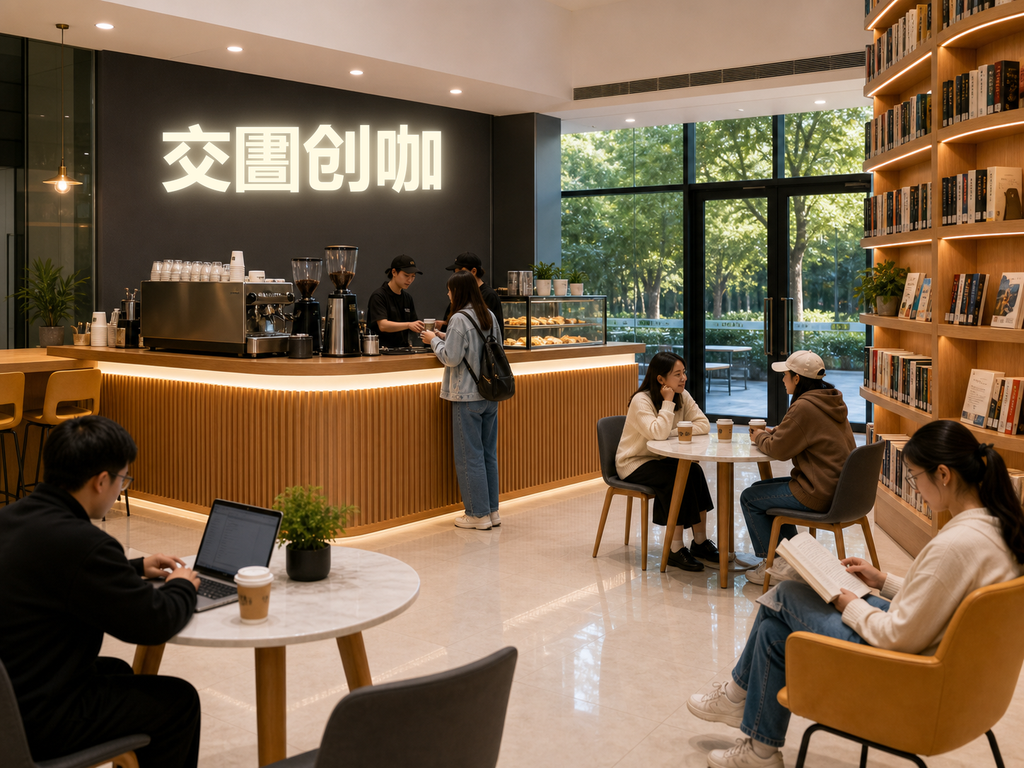 上海交通大学图书馆内交圕创咖吧台与书墙服务案例